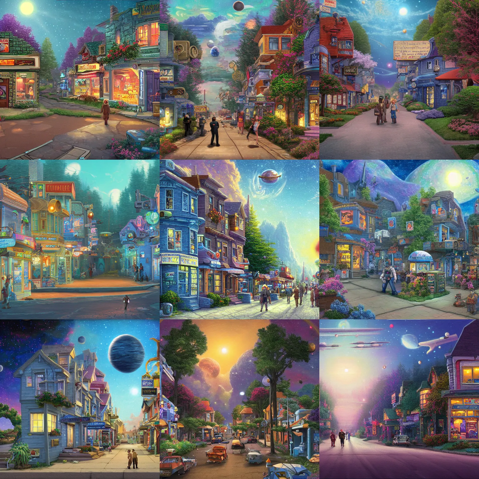 Prompt: on main street in a small town on a remote human colony planet, from a space themed point and click 2 d graphic adventure game, art inspired by thomas kinkade