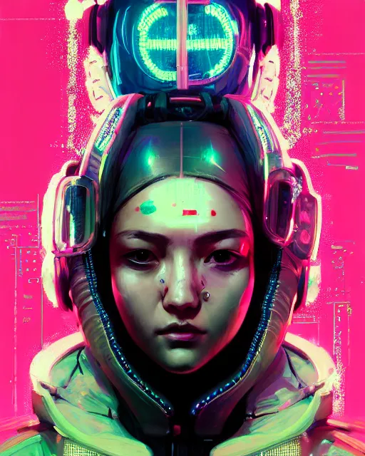 Image similar to detailed portrait Neon Operator Girl, cyberpunk futuristic neon, reflective puffy coat, decorated with traditional Japanese ornaments by Ismail inceoglu dragan bibin hans thoma greg rutkowski Alexandros Pyromallis Nekro Rene Maritte Illustrated, Perfect face, fine details, realistic shaded, fine-face, pretty face