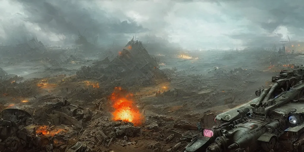 Image similar to WW2 battlefield in New york, matte painting, style of peter mohrbacher