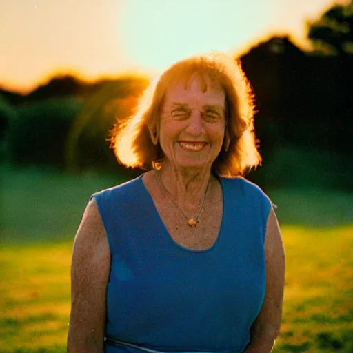 Prompt: a lovely 35mm portrait photo of the woman who raised me, golden hour, smile