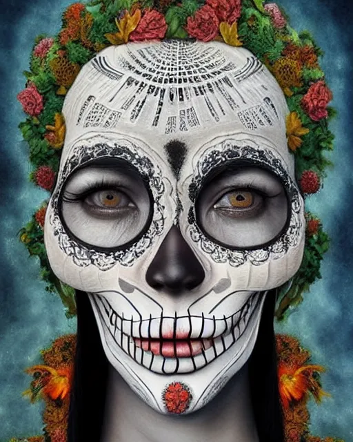 Image similar to dia de los muertos theme surrealist art in the styles of igor morski, jim warren, and aida muluneh, intricate, hyperrealistic, accurate facial details, profile picture with chromakey!!!!! background, volumetric lighting