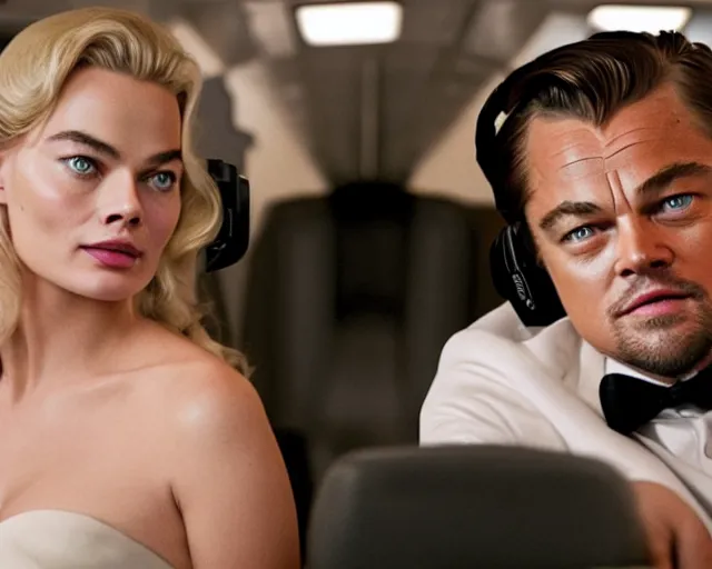 Image similar to leonardo dicaprio as the wolf of wall street next to margot robbie as naomi from the wolf of wall street in a helicopter, hyper realistic faces, beautiful eyes, cinematic, long shot, hyper detailed, 8 5 mm photograph, 8 k resolution, film still, sharp lens, wide lens