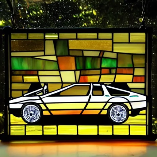 Prompt: stained glass art of a delorean