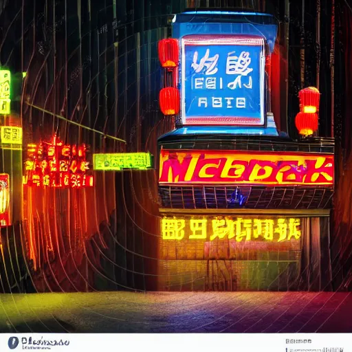 Image similar to cyberpunk street corner at night with neon signs in chinese, a McDonald's restaurant, people walking the street in the style of Edward Hopper