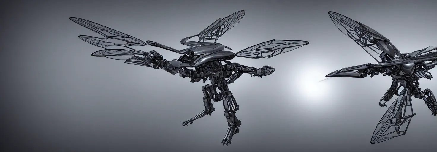 Prompt: symmetry!! a mechanized dragonfly with it's wings spread, gunmetal grey, top down view!! very symmetrical, mecha, jet fighter, space shuttle, robotic, highly detailed, artstation, super realistic, unreal engine