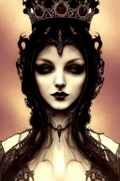 Image similar to beautiful gothic and victorian and luxury and evil young medieval dark crown princess portrait like +smoky eyes+front face with light flowing hair, ultradetail face, art and illustration by craig mullins and tian zi and alphonse mucha and miqi, fantasy, intricate complexity, human structure, hypermaximalist, fantasy character concept, dynamic lighting, neon light, ssci-fi, watermark, blurry, hyperrealism 8k