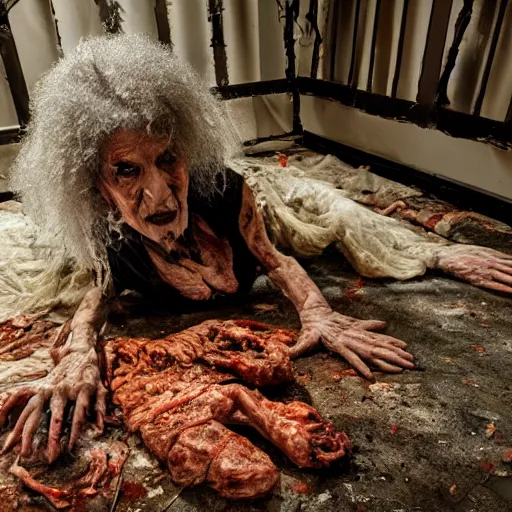 Image similar to an ultra realistic 8 k hdr photo of an elderly jagged raggedy witch woman circled up on the floor over a corpse with blood and meat and bones and mold and spider webs