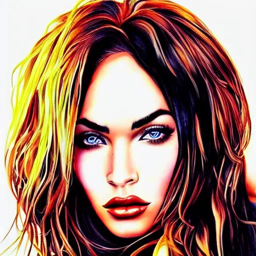 Image similar to “Megan Fox acid paints paintings, ultra detailed portrait, 4k resolution”