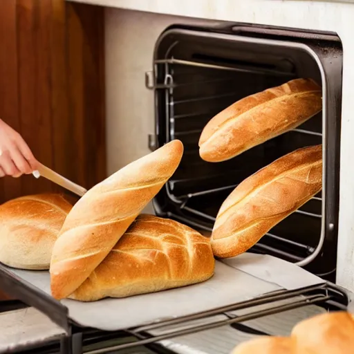 Prompt: bakers fighting bread that's trying to escape from the oven