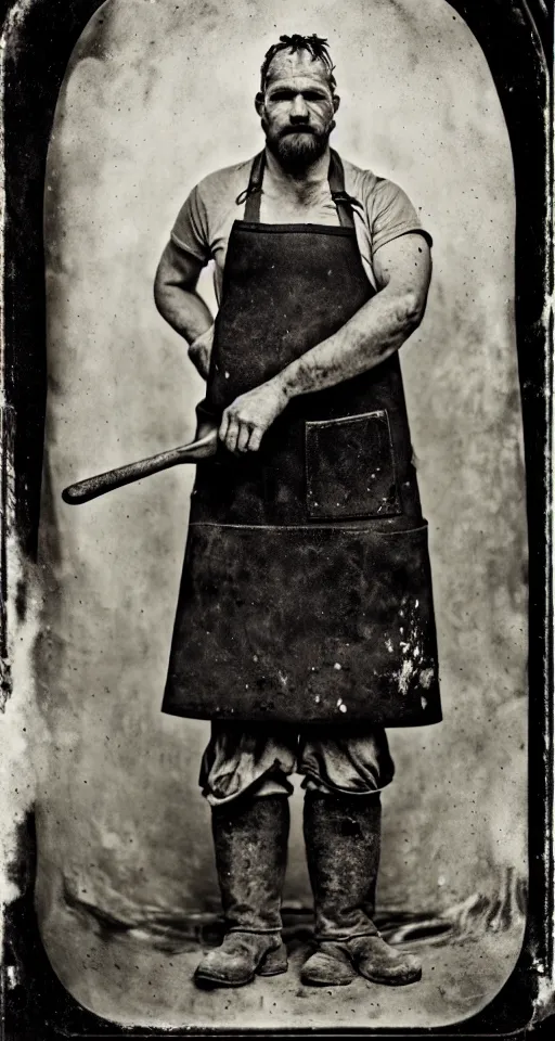 Prompt: a wet plate photograph, a portrait of a burly blacksmith in his apron