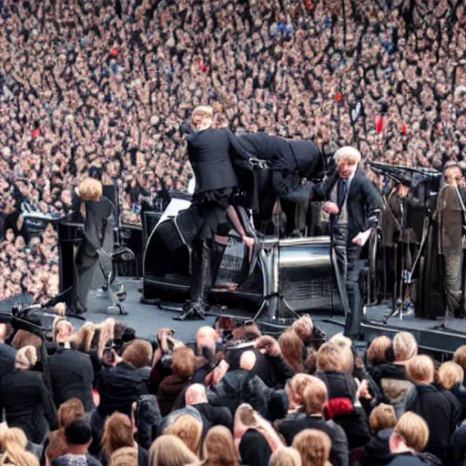 Image similar to Franz Ferdinand with Napoleon in 2022 London putting Boris Johnson on the cross Infront of a crowd of 50000 people