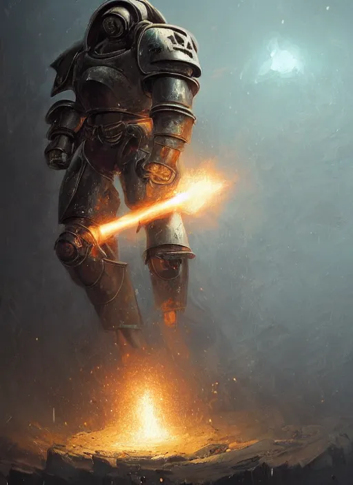 Image similar to medieval knight power armour, concept art, space marine, medieval, highly detailed, cinematic lighting, sparks, digital art painting by greg rutkowski