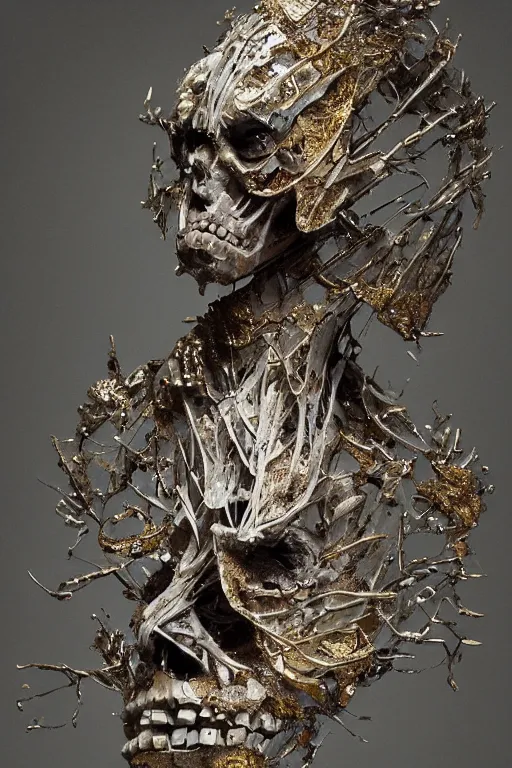 Prompt: A boney thin humanoid with teared viscose clothes wearing a carved mineral mask with tiny mineral and gold incrustations. By tom purvis, emil melmoth, zdzislaw belsinki, Craig Mullins, yoji shinkawa, white gold color scheme, featured on artstation, beautifully lit, Peter mohrbacher, zaha hadid, hyper detailed, insane details, intricate, elite, ornate, elegant, luxury, dramatic lighting, CGsociety, hypermaximalist, golden ratio, environmental key art, octane render, weta digital, micro details, 3d sculpture, structure, ray trace 4k