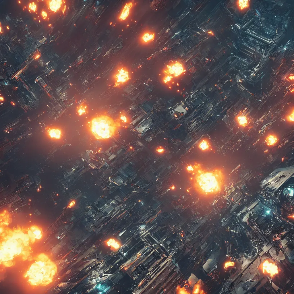 Prompt: squad of futuristic bombers, bombing a baroque cyberpunk city, explosions and fire, macro perspective, hypermaximalistic, high details, cinematic, 8k resolution, beautiful detailed, insanely intricate details, artstation trending, octane render, unreal engine