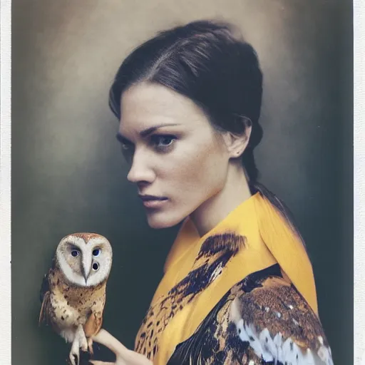 Prompt: head to shoulder portrait Polaroid film photograph of an elegant top model wearing a yellow kimono with a very detailed barn owl on her shoulder!!! in a tropical greenhouse. looking at the camera!!. super resolution. Polaroid 600 film. art by Alessio albi and john william waterhouse.