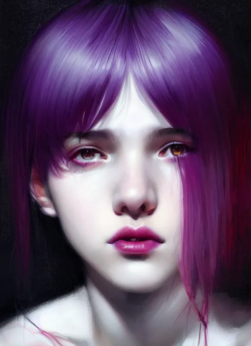 Image similar to portrait of teenage girl, red irises, bangs, black and white hair, white bangs, purple clothes, white bangs, bangs, black hair and white bangs, intricate, elegant, glowing lights, highly detailed, digital painting, artstation, concept art, smooth, sharp focus, illustration, art by wlop, mars ravelo and greg rutkowski