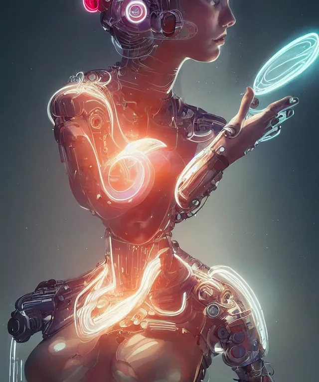 Image similar to a woman turning into an Android portrait wearing a part cybernetic body, surrealism , scifi, intricate, elegant, sharp eyebrows, highly detailed cybernetic body, neon glowing eyes, digital painting, artstation, concept art, smooth, sharp focus, illustration, art by Artgerm and moebius and Peter Mohrbacher