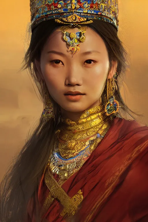 Image similar to Tibetan princess, gorgeous, close-up portrait, intricate, elegant, volumetric lighting, scenery, digital painting, highly detailed, artstation, sharp focus, illustration, concept art, ruan jia, steve mccurry