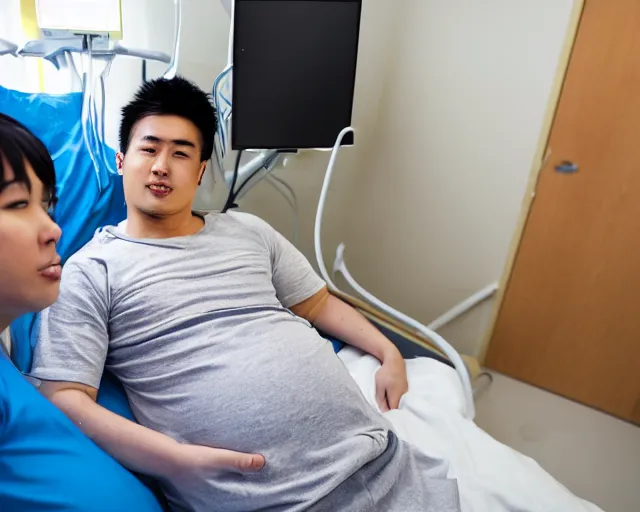 Prompt: Photograph of a heavily pregnant handsome!!! young Asian man in his 20s getting an ultrasound at the hospital, high quality image