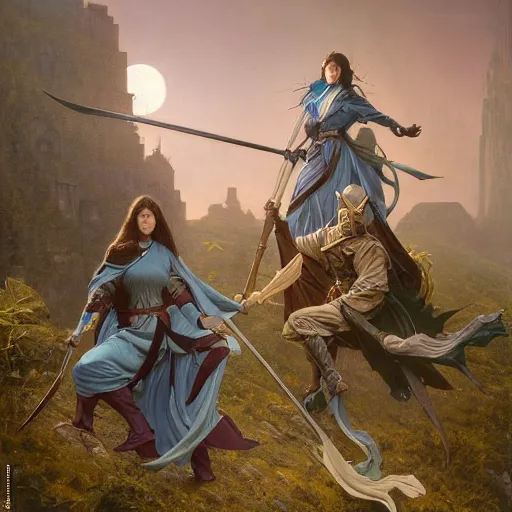 Prompt: Magic The Gathering art action shot of half elven ninjas scaling battlements in moonlight, drawn by Donato Giancola and Tom Bagshaw, Edmund Leighton, Alphonse Mucha, 4k, volumetric lighting, komorebi, intense battle scene award winning, octane render, hyperrealistic