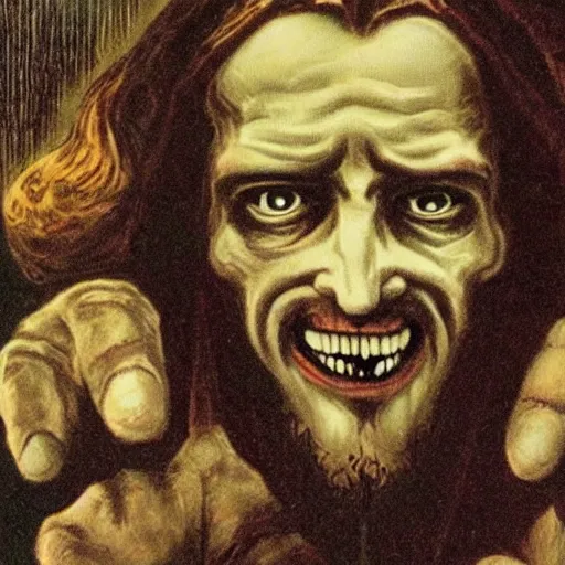 Image similar to jesus christ the occult leader, demented, horror, creepy, terror, close up,