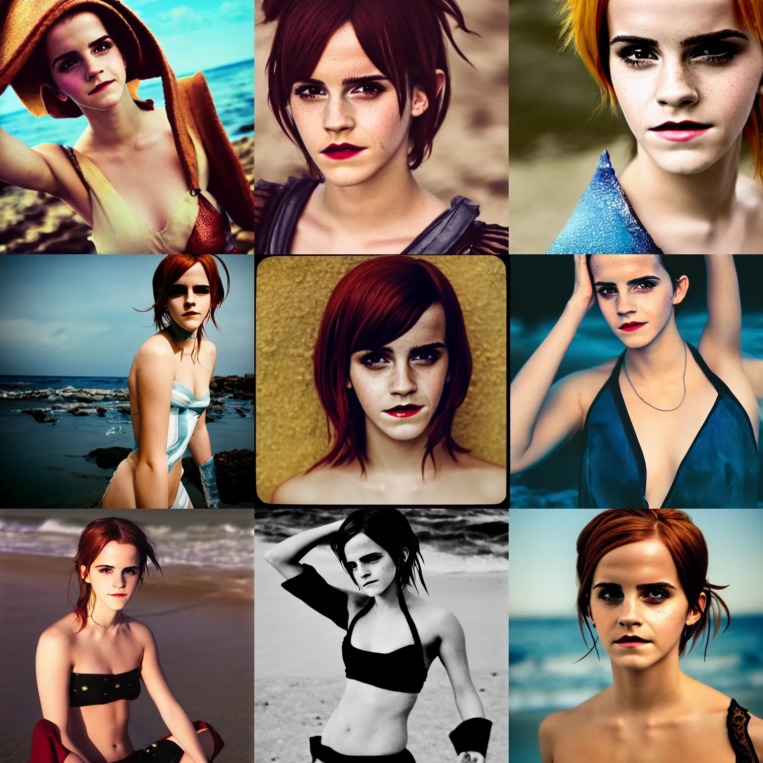 Image similar to headshot of Emma Watson cosplaying as Nami from One Piece standing on a beach, cosplay, close up, photo by Sarah Moon