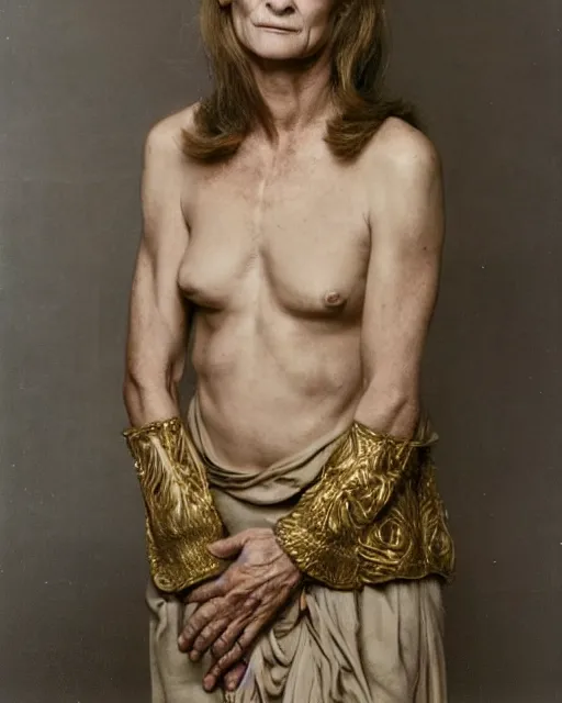 Image similar to the beautiful young actress charlotte rampling, dressed as the greek fate clotho, one of the weavers of destiny, photographed in the style of annie leibovitz, studio lighting, highly detailed, photorealistic