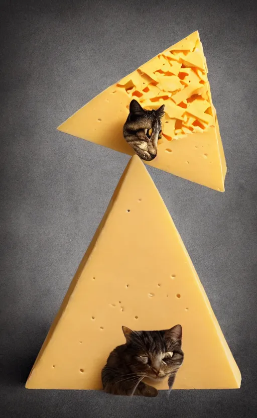 Prompt: A Pyramid made of cheese with a cat's head on top of it, high quality, extremely detailed, atmospheric octane render