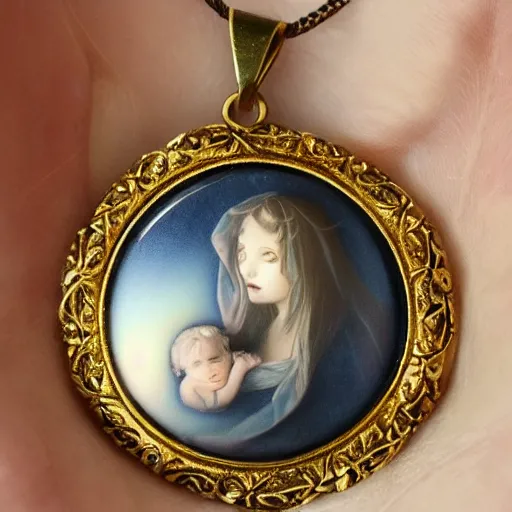 Image similar to sad old end of light, the dying rays peek through shining palace of hair; this locket a symbol of your love whose necklace frames lovingly a soft cherub face, the only beauty you wish would have left too soon to be remembered only in an idealized past. oh woe is you, no? woe is who?