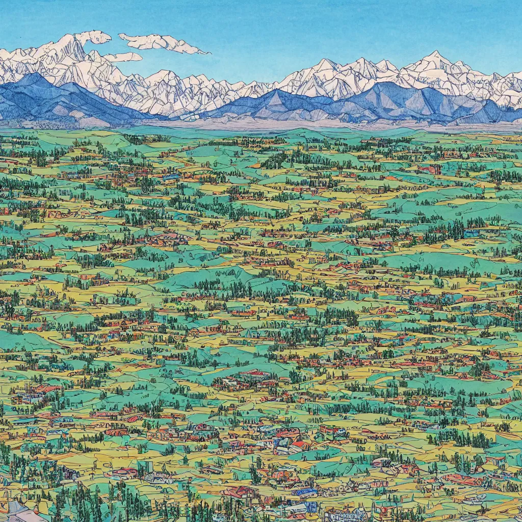 Prompt: colorful cel-shaded drawing of the city of Stanley, Idaho, with the Sawtooth mountains in the background, by Moebius