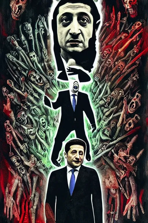 Image similar to president zelensky is in hell, art in the style of a poster for horror films in a cinema, detailed art in color