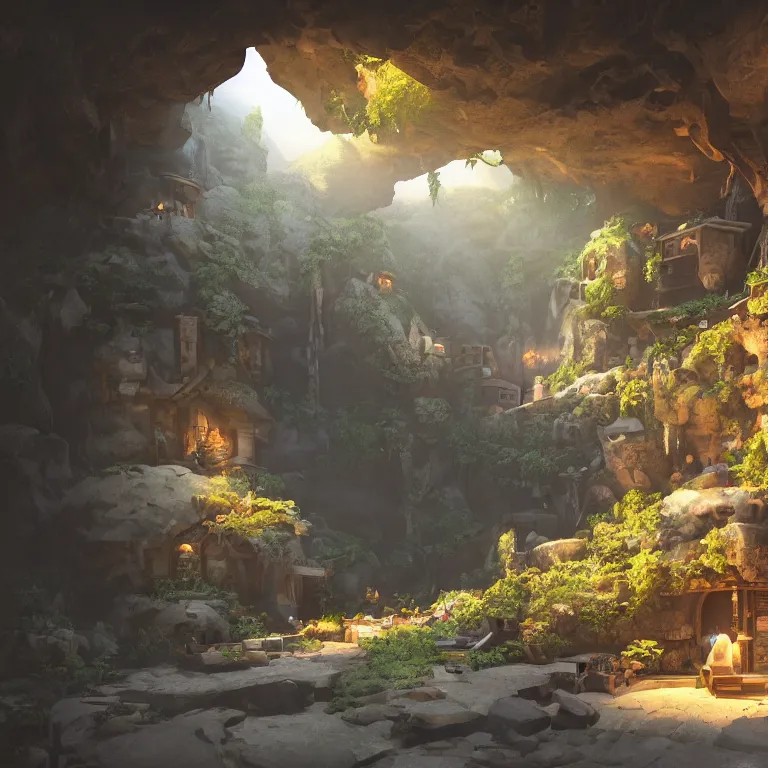 Image similar to secret overwatch habitation quarters carved inside a cave, sheltered, magical, natural light, planters, central tree, candle light, cinematic lighting, clean lines, cozy, fantasy, minimalist architecture, sharp focus, concept art, by greg rutkowski and craig mullins,, octane render 8 k