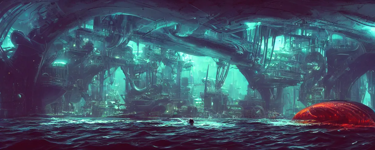 Prompt: ” dark underwater otherwordly terminal lit by bioluminescense, [ deepsea, cinematic, detailed, epic, widescreen, opening, establishing, mattepainting, photorealistic, realistic textures, octane render, art by slop and paul lehr ] ”