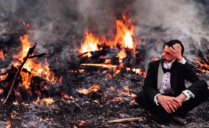 Image similar to a man wearing a tuxedo sitting in the middle of a bonfire