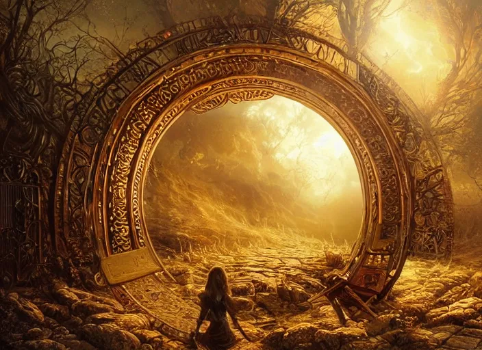 Prompt: large rustic intricately decorated cast iron gate, a view to an eerie fantasy world, golden glowing sphere, ethereal back light, mist, coherent composition, detailed fantasy painting by artgerm, noriyoshi ohrai, yuumei