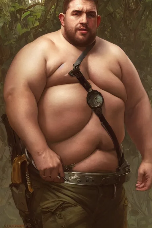 Image similar to portrait of chris redfield as a pathetically weak chubby man, forest, full body, obese, fantasy, intricate, elegant, highly detailed, digital painting, artstation, concept art, sharp focus, illustration, art by artgerm and greg rutkowski and alphonse mucha