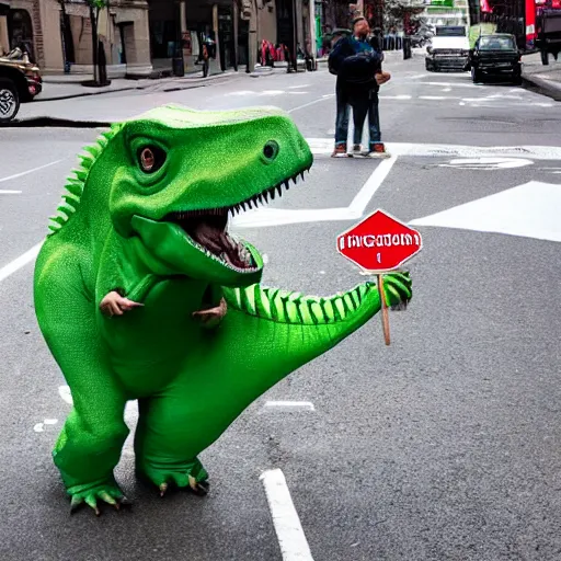 Prompt: a dinosaur staring at a person in a dinosaur costume, in the middle of a road in new york.