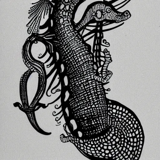 Image similar to a seahorse and a squid. black ink on paper tattoo design