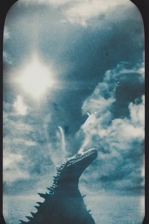 Prompt: analog polaroid photograph of godzilla in the ocean, firing a laser from its mouth, seen from above, drone footage, bright sun reflection in the water, lensflare, film grain, azure tones, red color bleed