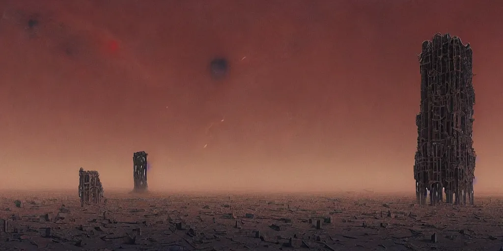 Image similar to supernova, mars red desert, neo brutalism babylon tower made from whale skeleton, painted by steve mccurry, terror, dark gloomy atmosphere, foggy, ruan jia, raymond swanland, lawrence alma tadema, zdzislaw beksinski, norman rockwell, jack kirby, tom lovell, alex malveda, greg staples