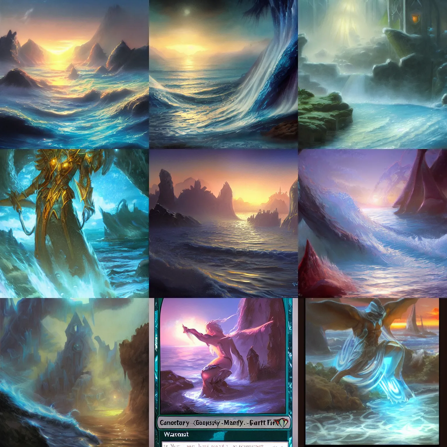 Prompt: closeup fantasy with water magic, at gentle dawn blue light, mtgart, mtg style