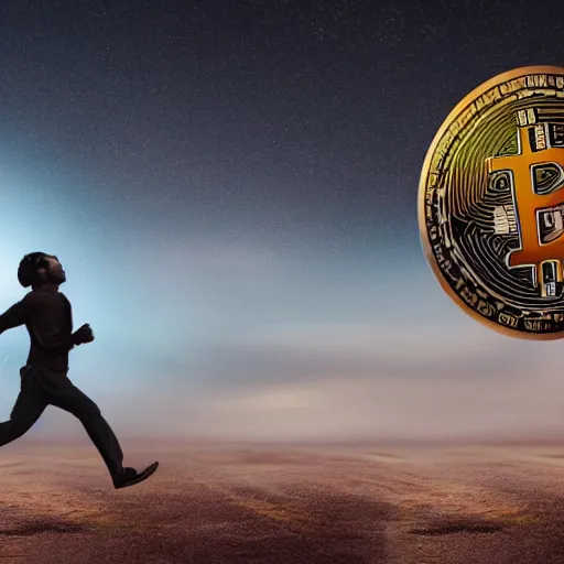 Image similar to man running away from a giant with bitcoin head, sci-fi, cinematic, cryptocurrency, hyperdetailed, 4k