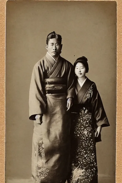 Image similar to anthropomorphic asian black bear in traditional Japanese mens clothing, posing with Japanese girl in kimono, 1900s photo