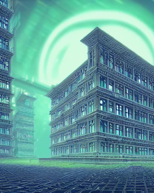 Image similar to a beautiful detailed highly detailed building unfinished building city architecture military hospital by louis kahn, apocalyptic sunlight uv light rainforest lightpaint at night studio ghibli at dusk myst at dawn retrowave synthwave nightsky cyberpunk, archdaily, wallpaper, highly detailed, trending on artstation.