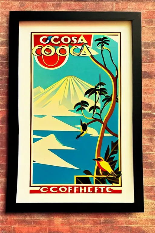 Image similar to art deco travel poster. costa rica monteverde with birds, framed poster