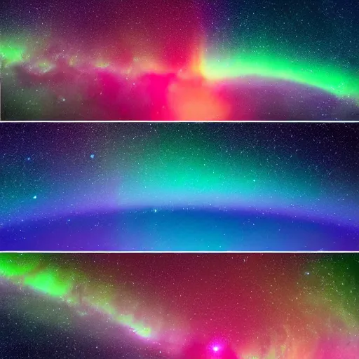 Image similar to a photo split into three horizontal sections. the top layer is the auora borealis. the middle layer is a mix between a giant squid, killer whale, and crab which swims under water amongst a school of colorful fish. the bottom layer is galaxies of outer space. 4 k, realistic