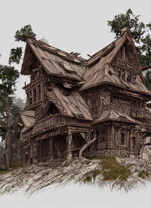 Prompt: a wood carved house on a mystic groove, art style by kim jung gi karl marx greg rutkowski, au naturel, hyper detailed, digital art, trending in artstation, cinematic lighting, studio quality, smooth render, unreal engine 5 rendered, octane rendered