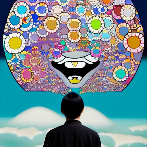 Image similar to a man walking on clouds away from the camera above kyoto by takashi murakami, beeple and james jean, aya takano color style, 4 k, super detailed, modern, 4 k, symmetrical