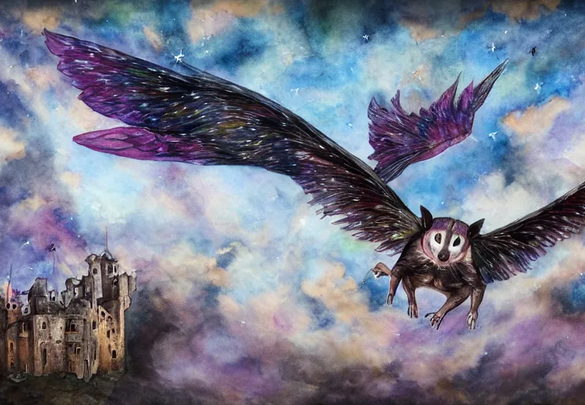 Prompt: the legendary colorful winged possum is flying over a medieval castle under the dark starred sky, dark fantasy, watercolor, dreaming illusion, highly detailed, 4k, trending on Artstation, award-winning