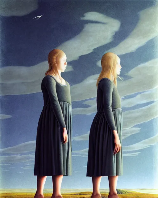 Image similar to twins, sisters, in the void, by the mirror, station, alex colville, otto mueller, stephen conroy, sandro botticelli, andrew newell wyeth, daniel maidman yussi picho octane rendering